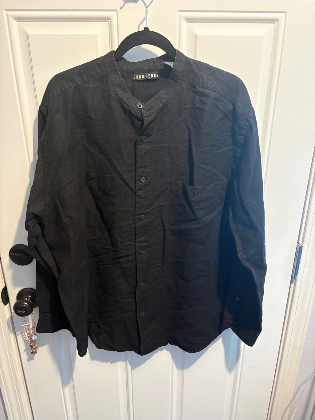 John Henry Men's Black Band-Collar Casual Button-Down Shirt